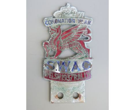 A South Wales Automobile Club 1937 Coronation year Welsh Rally badge, height 11cm 