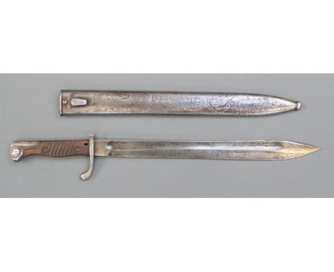 WWI German S98/05 bayonet with steel scabbard marked VC SCHILLING SUHL to blade, also E15 under crown, blade length 36cm