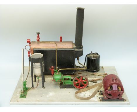 Stuart Turner S50 or similar horizontal live steam stationary engine on base with Stuart gas fired boiler, hand pump and dyna