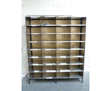 A large cubbyhole shelf unit with shopfitting steel frame and 32 cubbyholes, industrial or haberdashery interest (H200 x W168