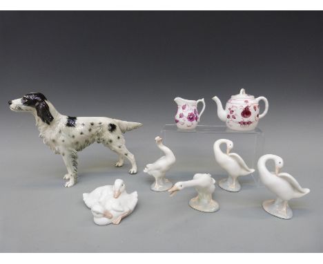 Goebel large setter dog, four Lladro ducks, a Nao duck, teapot and jug