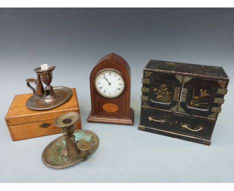 A pair of plated chamber sticks, Japanese lacquer box, wooden box and a clock