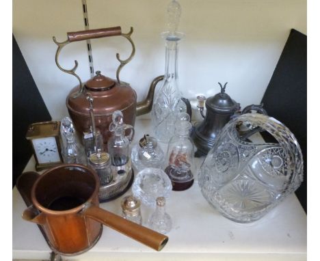 A quantity of silver plate including cruet, a carriage clock, cut glass, copper shoe, warming jug etc