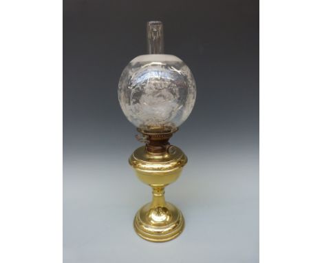 A Hinks No1 brass oil lamp with etched glass shade