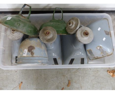 A quantity of industrial style enamel lamps including Benjamin examples