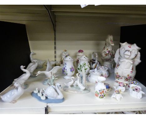 Eight Lladro and Nao goose, swan and duck groups and assorted floral china by Compton and Woodhouse etc