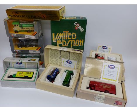 Nine Corgi Classics and Corgi Commercials diecast model vans and van sets including Flowers, Steinway & Sons, Wylie R Lochhea