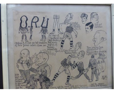 A framed c1930's humorous 'Oldham Rugby Union' pen and ink drawing,  signed bottom right possibly ASM, mentioning Eddie Barne