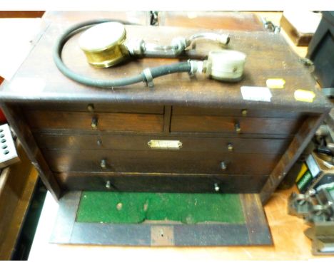 An Aero toolmakers chest and contents to include marking out tools, pressure gauges, punches, Van Norman 900-200 cutter etc