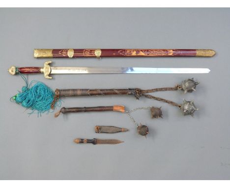 A decorative replica Chinese sword in scabbard, blade length 70cm, together with two maces and a small African hunting knife