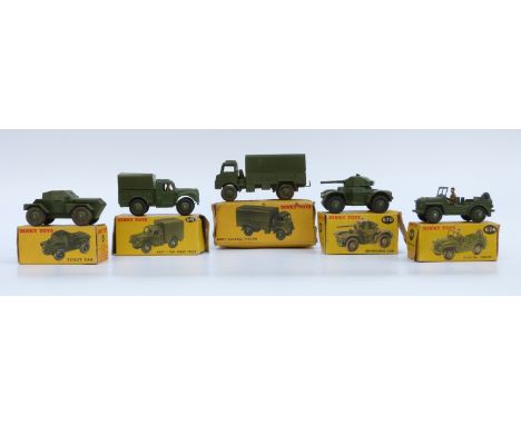 Five Dinky Toys diecast model military vehicles Army Covered Wagon 623, Army 1 ton Cargo Truck 641, Armoured Car 670, Scout C