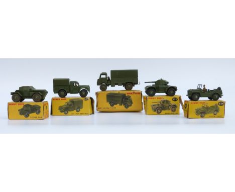 Five Dinky Toys diecast model military vehicles Army Covered Wagon 623, Army 1 ton Cargo Truck 641, Armoured Car 670, Scout C