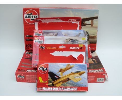 Five Airfix 1:72 scale model aeroplane kits including two Avro Lancaster sets, two Harriers etc, all in original boxes