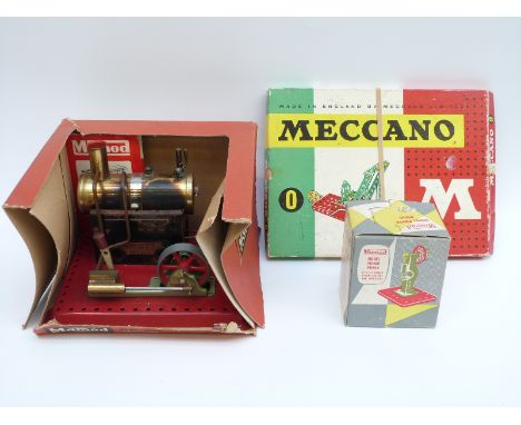 Mamod SE2a live steam engine in original box, boxed power press and a boxed Meccano 0 set