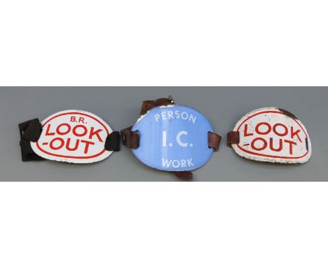Three railway enamel armbands comprising BR look out, look-out and Person I C Work together with a Gloucester, England Rotol 