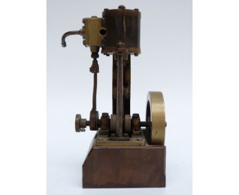 A brass single cylinder vertical live steam stationary engine, height 16.5cm