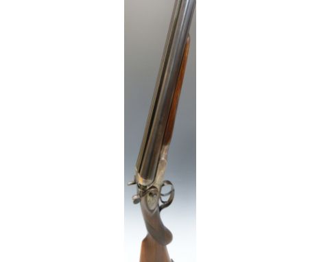 Unnamed 16 bore side by side hammer action shotgun with engraved locks, double trigger, chequered semi-pistol grip and forend