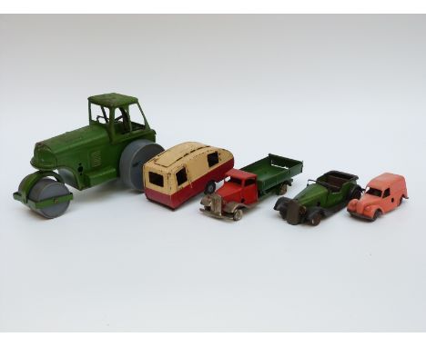 Five Tri-ang Minic clockwork tinplate vehicles comprising a large scale roller, tipper lorry, Morris van, an open topped car 