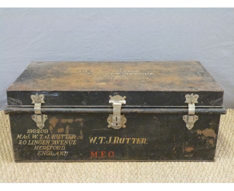 A military metal trunk with stencilled W.T. Rutter MFO 198208 Major W. T. J. Rutter (later OBE) plus address
