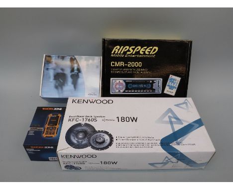 Ripspeed mobile entertainment system, Kenwood KFC 1760S speaker, Workzone heavy duty mobile phone and Blackberry mobile phone