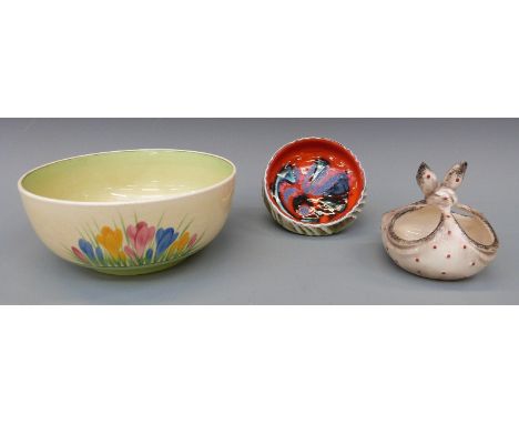 Clarice Cliff Spring Crocus bowl, a Poole Pottery Delphis bowl marked 86 and a mid century head scarf bowl by Goebel