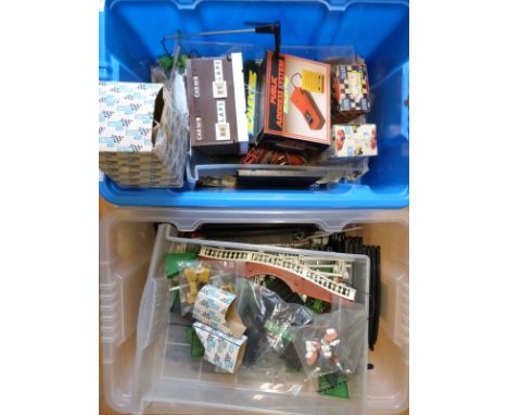 A collection of Tri-ang Scalextric model motor racing buildings, accessories and track including Lap Timer, Public Address Sy