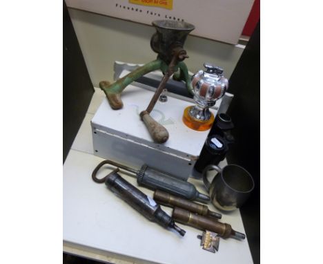 A group of collectables to include Guiness Sheffield pewter mug, binoculars, brass oil guns, scales, post box etc