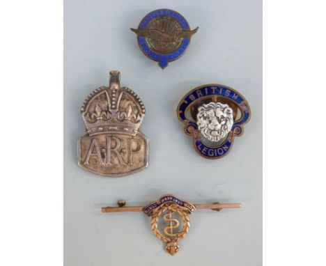 Gloster Aircraft Co Ltd enamel lapel badge, silver ARP badge, British Legion enamel badge and a 9ct gold Royal Medical Corps 