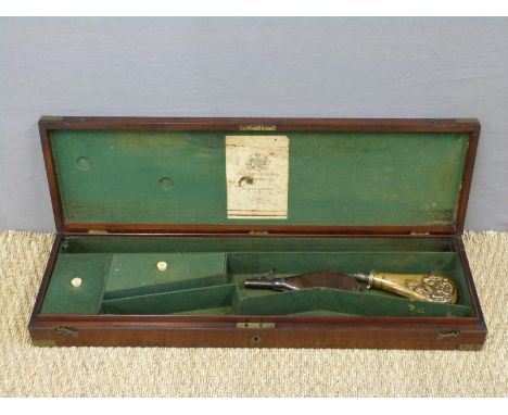 Westley Richards mahogany double barrelled muzzle loading gun case with brass fittings and folding carry handle, baize lined 