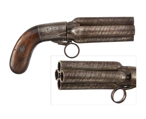 dating: about 1855 provenance: Belgium, A group of four, round, smooth-bore, damascened, 11 mm cal. barrels; frame engraved w