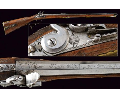 dating: 18th Century provenance: Innsbruck, Octagonal, rifled, 12 mm cal. barrel, engraved and signed in silver 'Franz SchlÃ¶