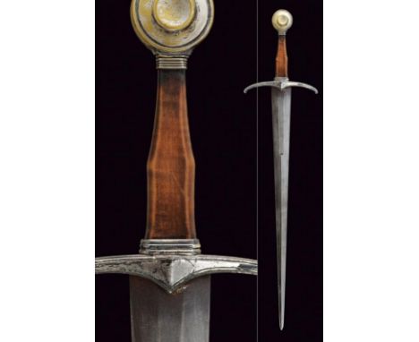 dating: 19th/20th Century provenance: Europe, Straight, double-edged blade of triangular shape. Metal hilt with remains of si