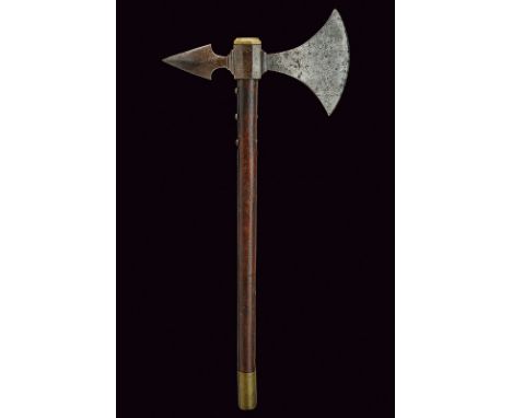 dating: circa 1800 provenance: France, Heavy, convex-edged, iron axe, with remains of a stamp on one face; hexagonal block fe