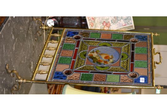 A Victorian Brass Fire Screen With A Leaded And Stained Glass
