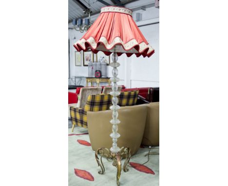 STANDARD LAMP, early 20th century moulded glass, painted and gilt iron with frilly red silk shade, 187cm H x 91cm W.