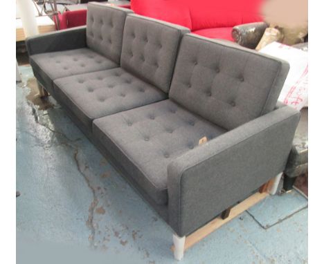 FLORENCE KNOLL STYLE SOFA, three seater, in grey felt on metal supports, 228cm L.