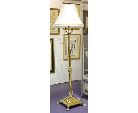 STANDING LAMP, Edwardian brass with cream shade, 171cm H.