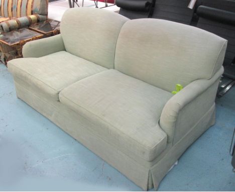 SOFA BED, green woven fabric, Howard style, 195cm W x 95cm D. (with faults)