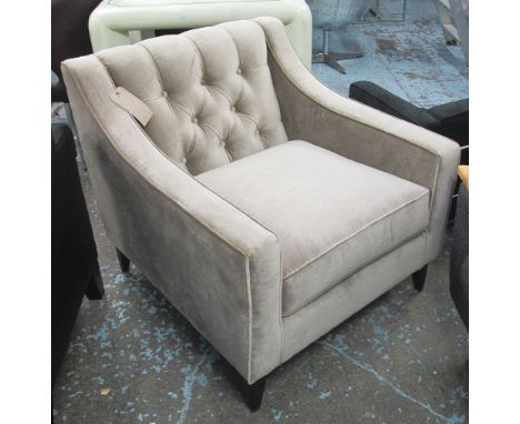 ARMCHAIR, in velvet fabric with button back and slop arms, tapered stained dark wenge and lacquered legs, 80cm W.