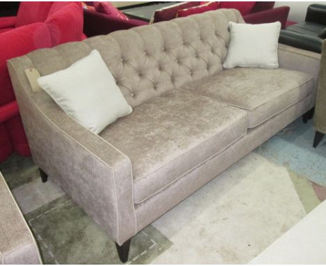 SOFA, two seater, in beige fabric with button back and slop arms, tapered stained dark wenge and lacquered legs, 197cm L.