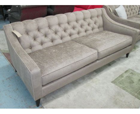 SOFA, two seater, in beige fabric with button back and slop arms, tapered stained dark wenge and lacquered legs, 197cm L.