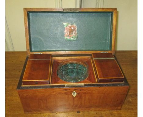 TEA CADDY, 19th century with glass mixing bowl, 30cm W x 16cm D x 16cm H. (with faults)