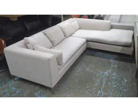 CORNER SOFA, stone coloured on metal supports, 70cm x 200cm W x 260cm D approx.