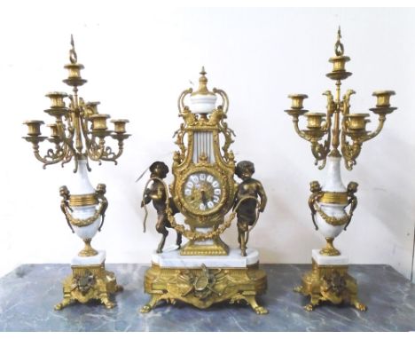 CLOCK GARNITURE SET, Louis XV style, gilt metal and marble, clock 61cm H (with faults), the side piece candelabra 69cm H.