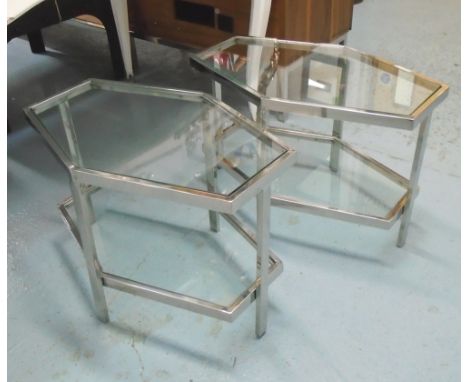 SIDE TABLES, a pair, lozenge design with glass top and shelf on a chromed metal frame, 60cm x 40cm x 41cm H. (2)