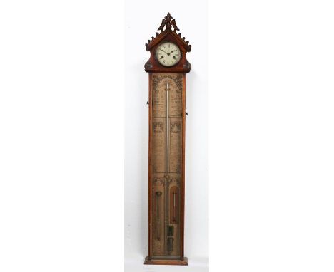 19th Century Admiral Fitzroy barometer, the cornice with a winged pediment above the clock dial and paper backed mercury baro