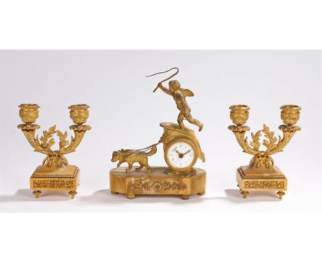 French gilt metal and marble clock garniture of small proportions, the clock with gilt metal chariot with rider being pulled 