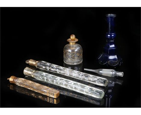 Early 19th Century perfume bottles, to include three Oxford lavender bottles with enamel and gilt decoration, a Bristol blue 