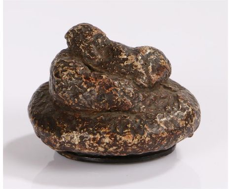 Victorian novelty papier mache snuff box, in the form of curled excrement, with hinged lid to the base