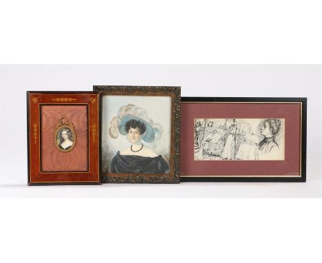 Three pictures to include a portrait miniature on paper depicting a lady in a black dress, housed in a swag decorated mount a